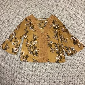 Golden Mustard Brown Floral Blouse with Embroidered Appliqués & Bell Sleeves * M